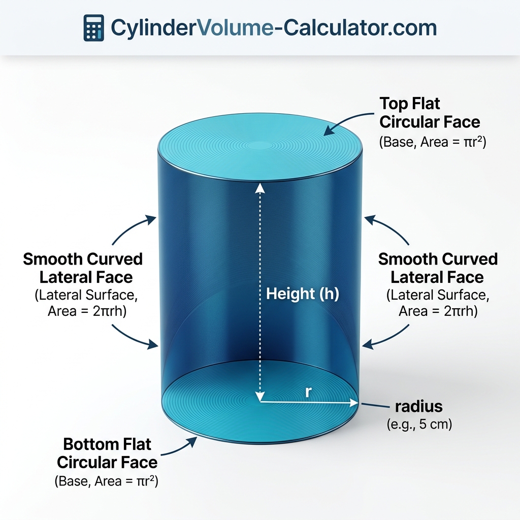 Hyperrealistic 3D cylinder highlighting 3 faces with cylinder volume calculator branding