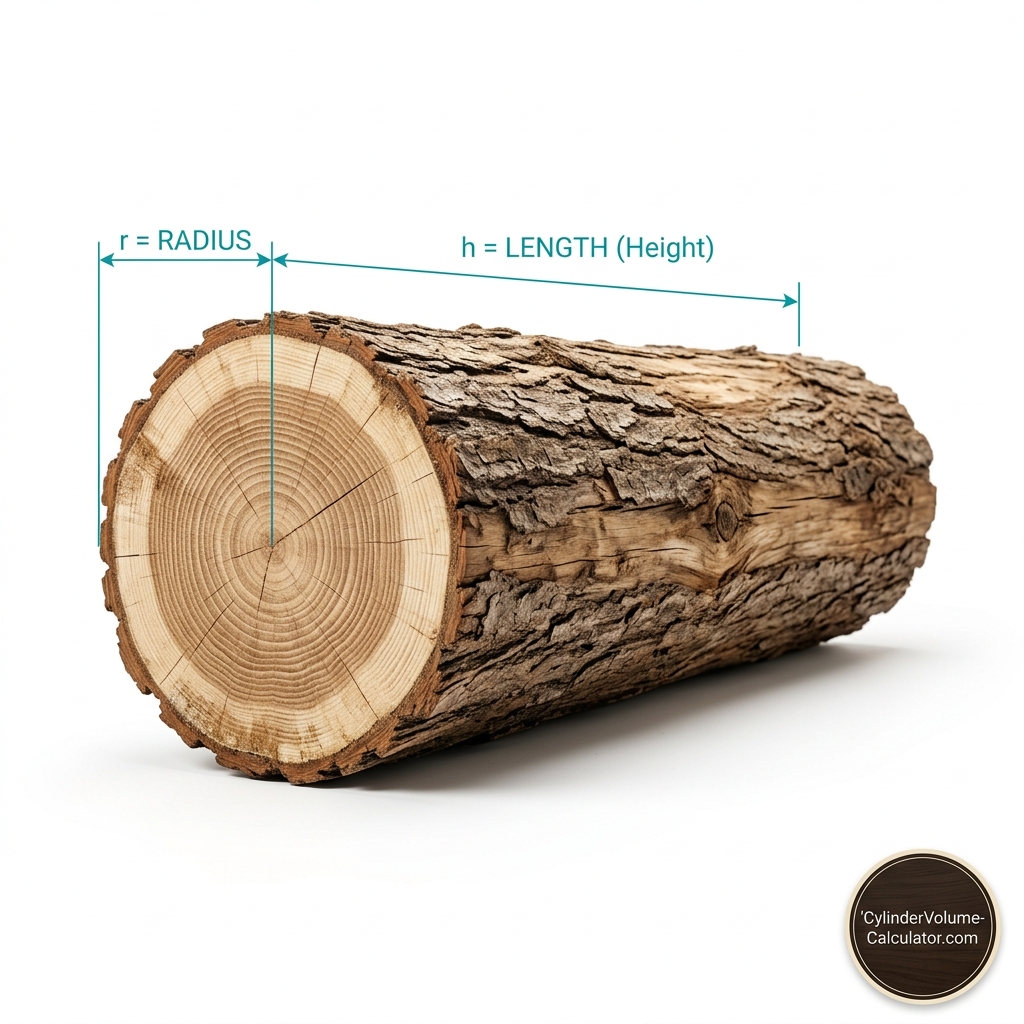 Hyperrealistic round timber log with cylinder volume calculation measurement diagram