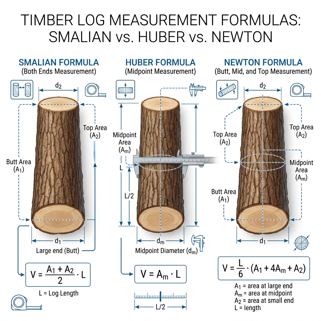 Formulas for Tapered Logs: Measurement Points for Smalian, Huber, and Newton Methods