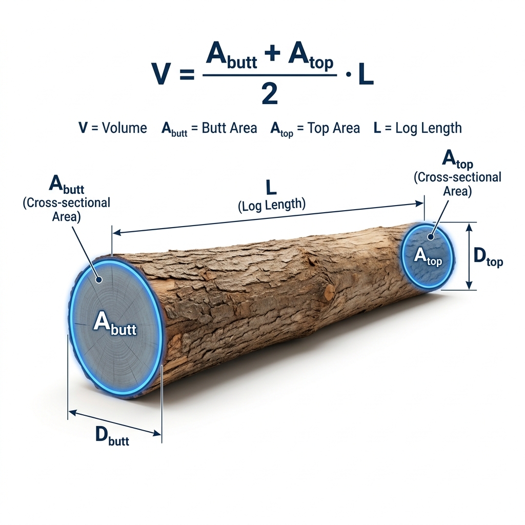 Smalian's Formula: Averaging End Areas A_butt and A_top over Log Length L